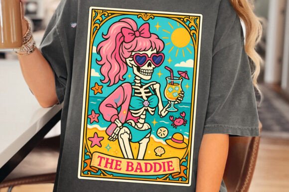 Baddie Tarot Card PNG Skeleton Beach: A Pastel Goth Design Asset